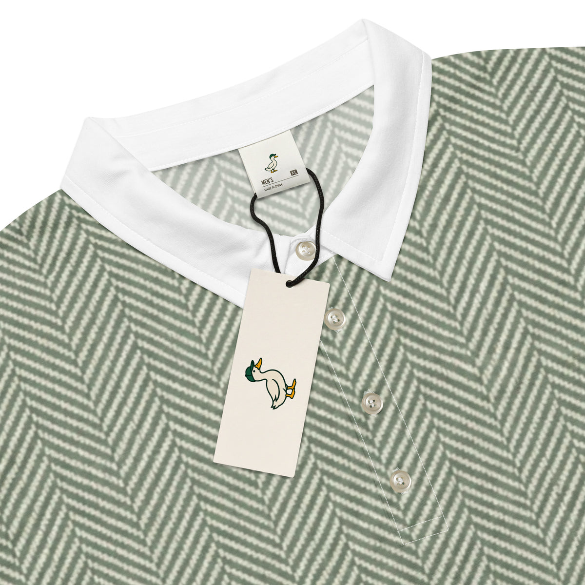 Sage green herringbone golf polo with white collar