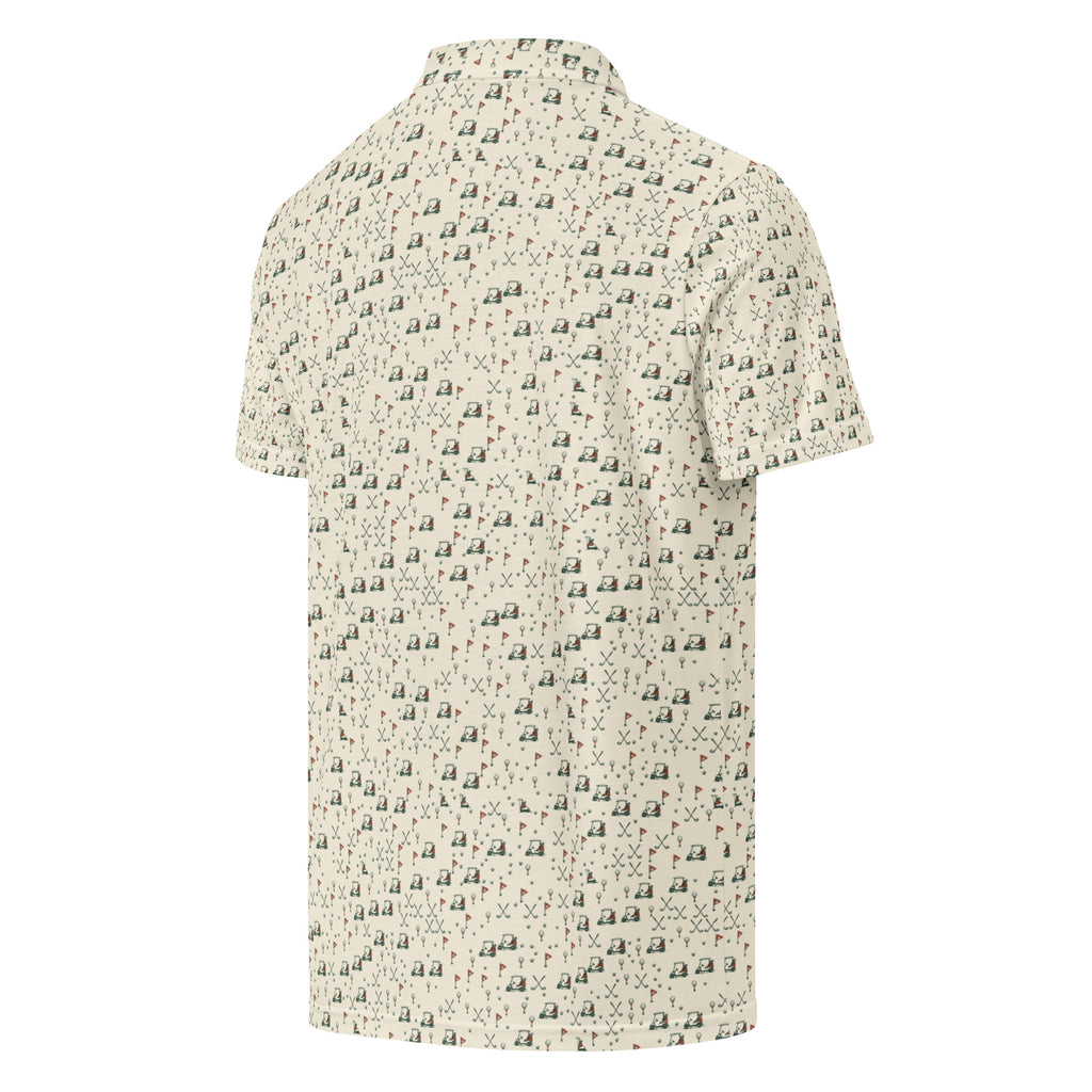 Golf polo with small all-over golf course print: carts, duck flags, tees and clubs