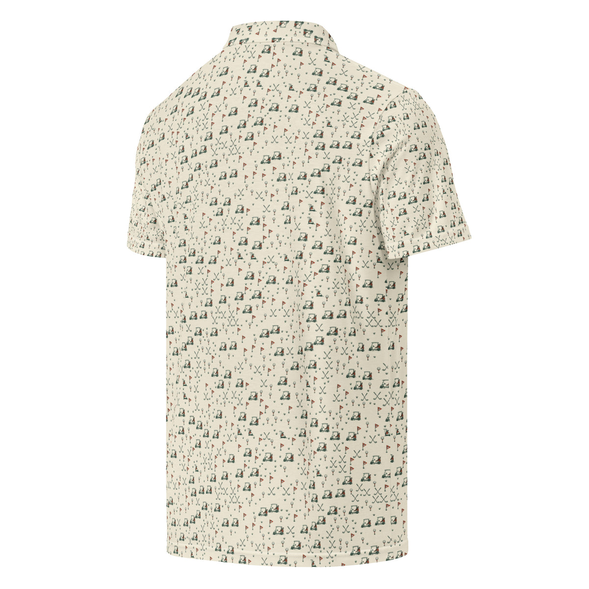 Golf polo with small all-over golf course print: carts, duck flags, tees and clubs
