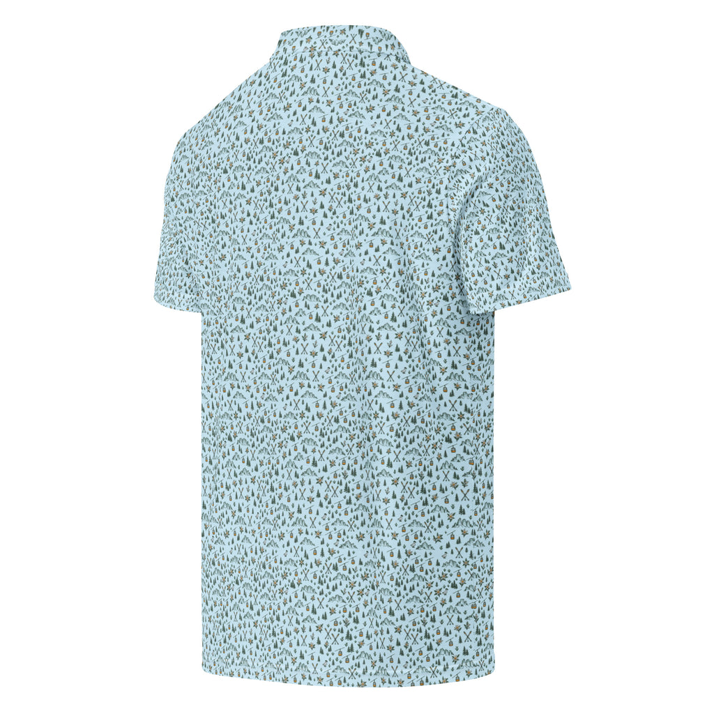 Golf polo with small all-over Dolomites print: peaks, pines, cable cars and skis