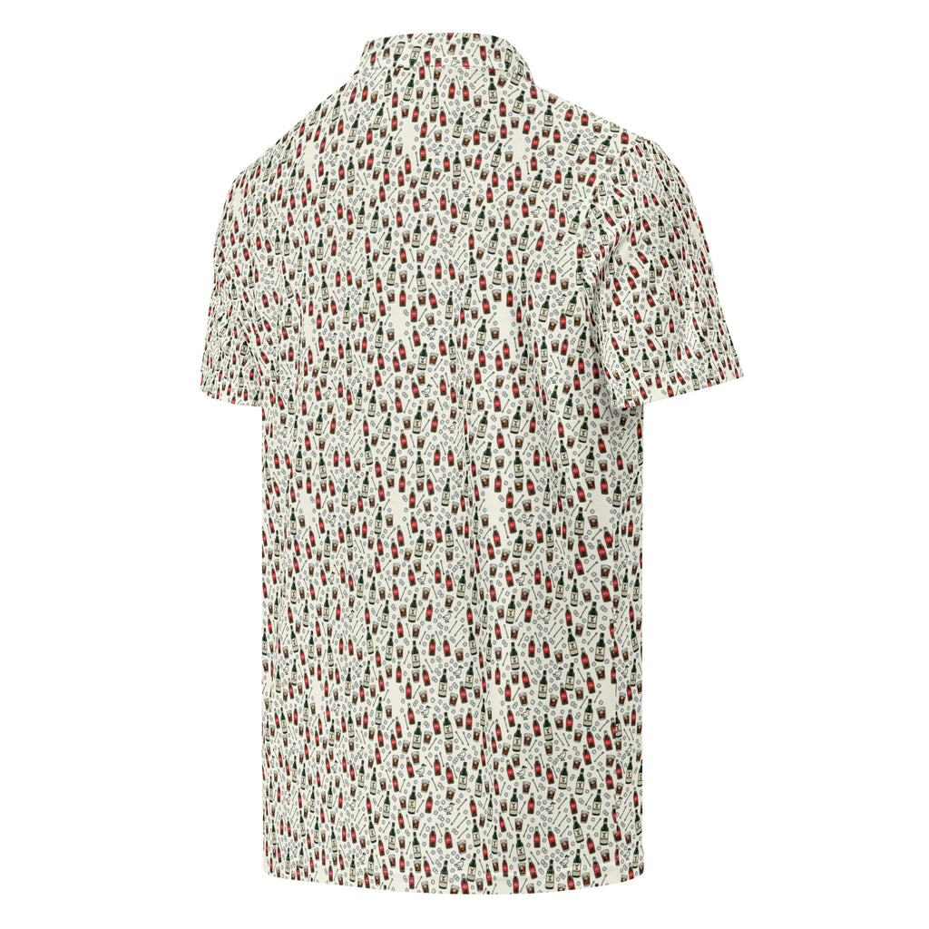 Golf polo with small all-over print of bottles, glasses and ice