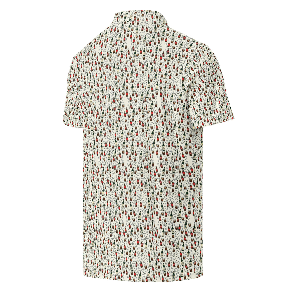 Golf polo with small all-over print of bottles, glasses and ice