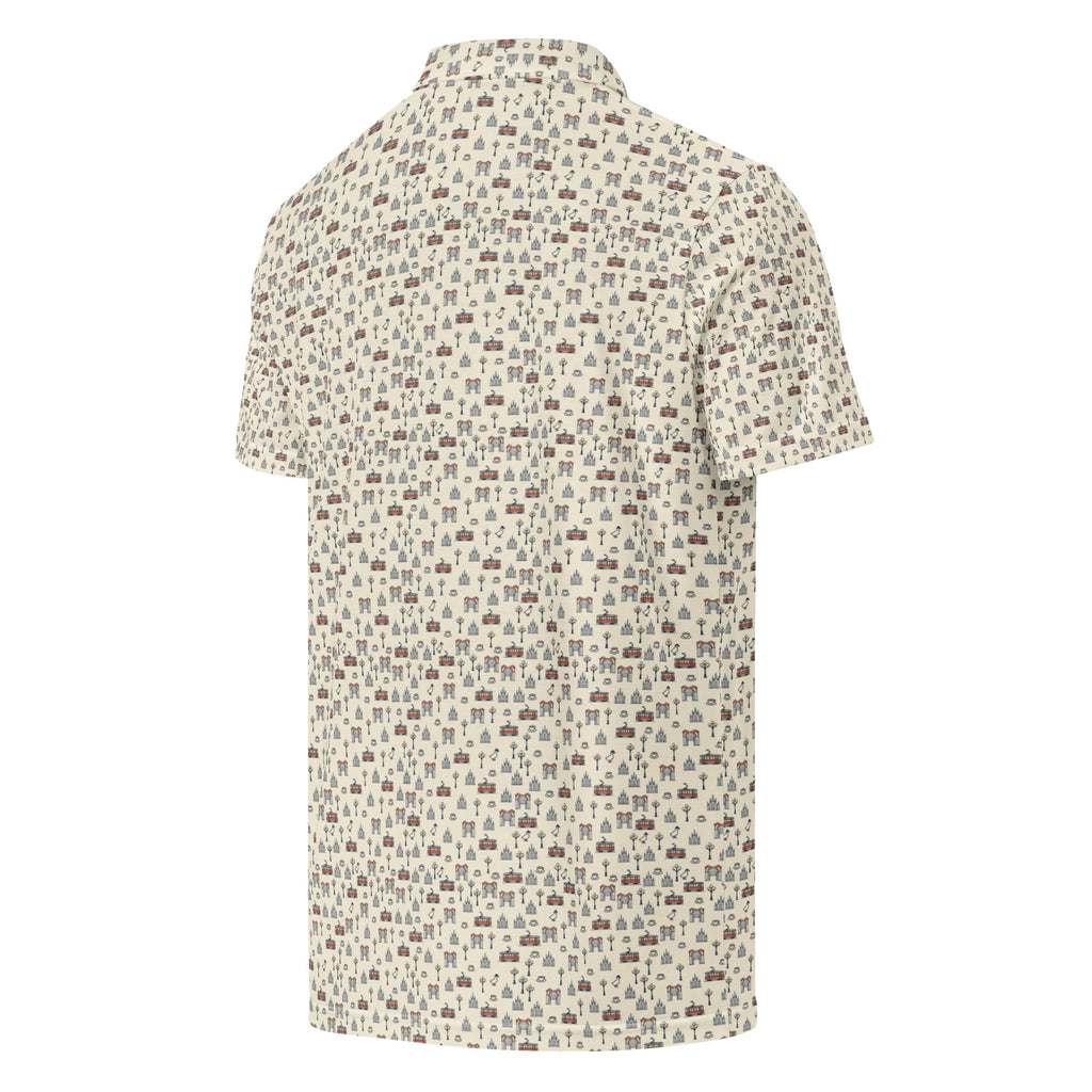 Golf polo with small all-over Milan print: Duomo, trams and the Galleria