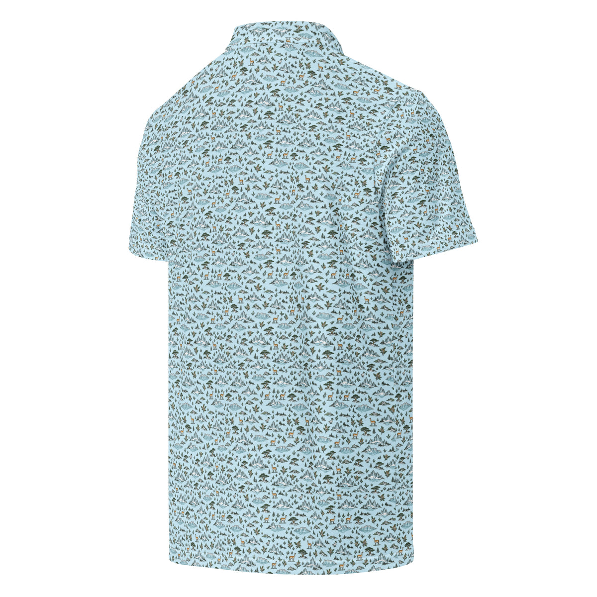 Golf polo with small all-over Patagonia print: glaciers, guanacos and mountains