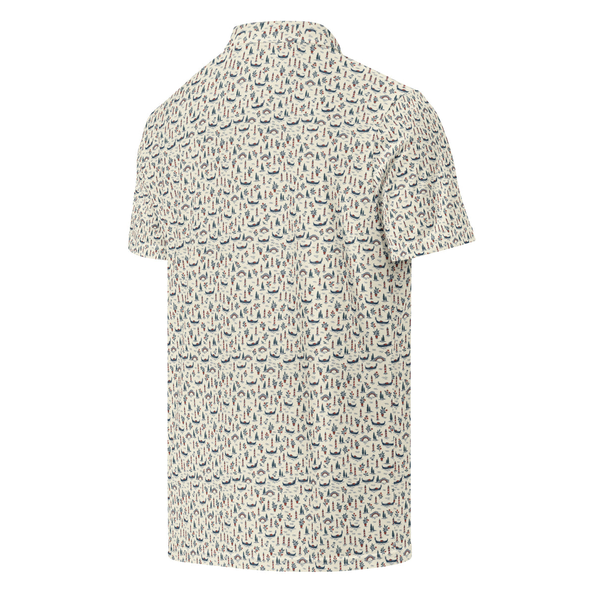 Golf polo with small all-over Venice print: gondolas, bridges and mooring poles