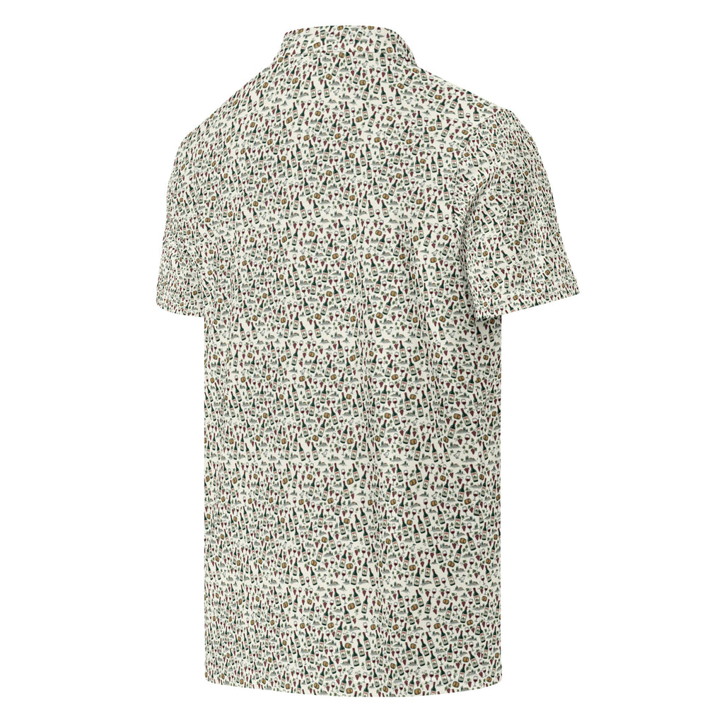Golf polo with small all-over Tuscany print: PATO wine bottles, grapes and cypress hills