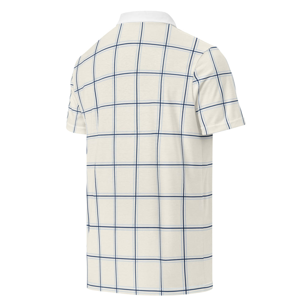 Cream windowpane check golf polo with navy lines and white collar