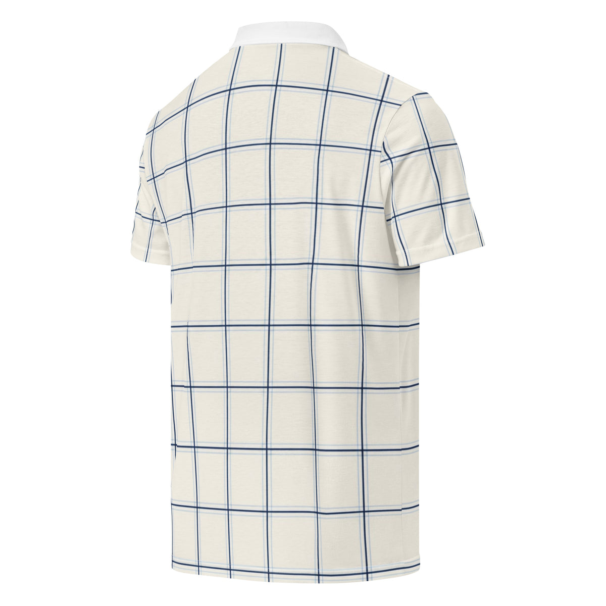 Cream windowpane check golf polo with navy lines and white collar