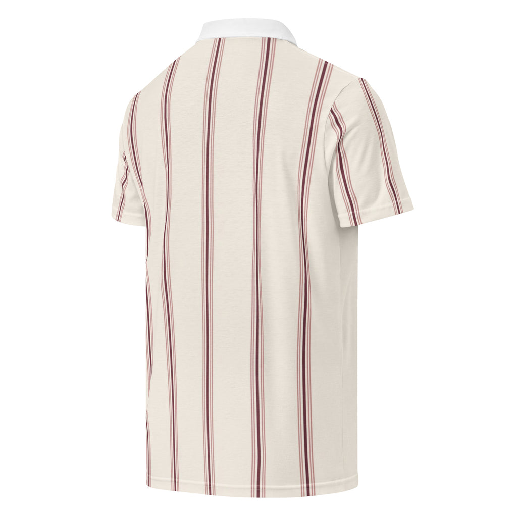 Cream pinstripe golf polo with burgundy stripes and white collar