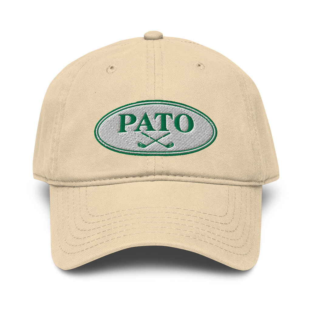Khaki washed cotton dad cap with PATO oval logo embroidery
