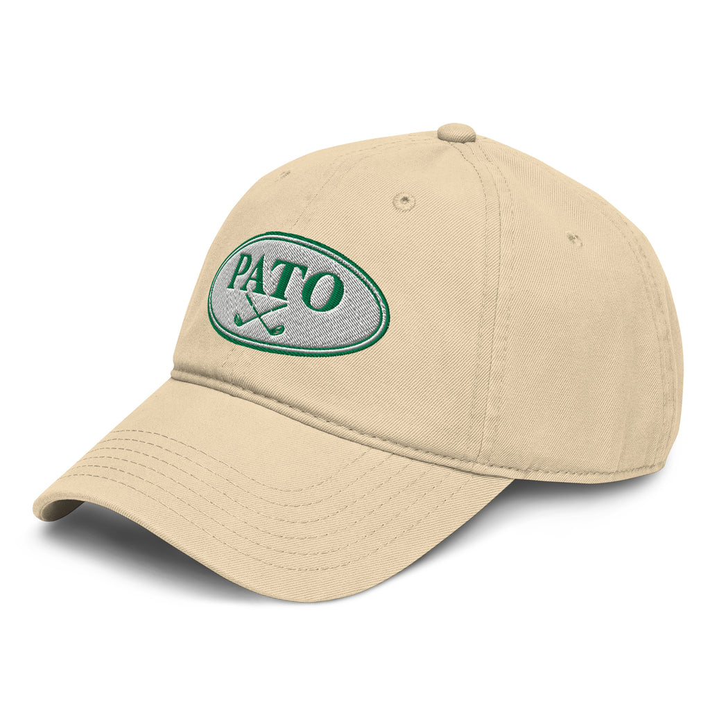 Khaki washed cotton dad cap with PATO oval logo embroidery