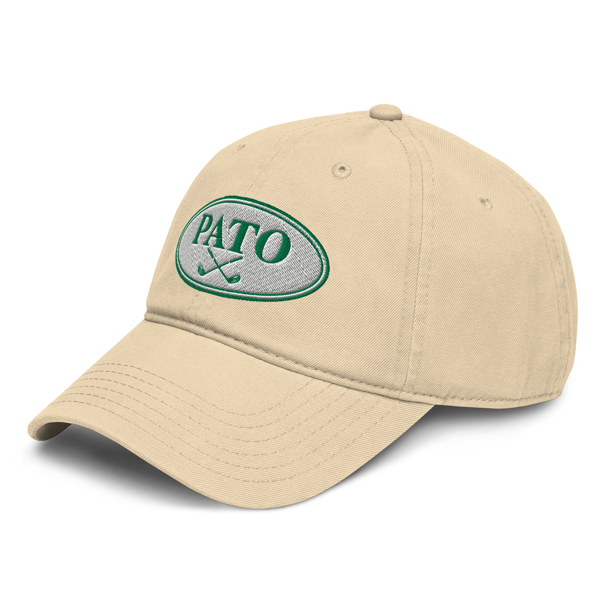Khaki washed cotton dad cap with PATO oval logo embroidery