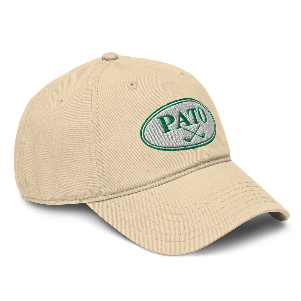 Khaki washed cotton dad cap with PATO oval logo embroidery